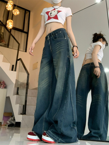 Real shot!  !  Dark blue denim wide-leg pants for women new design zipper high-waist drape floor-length trousers