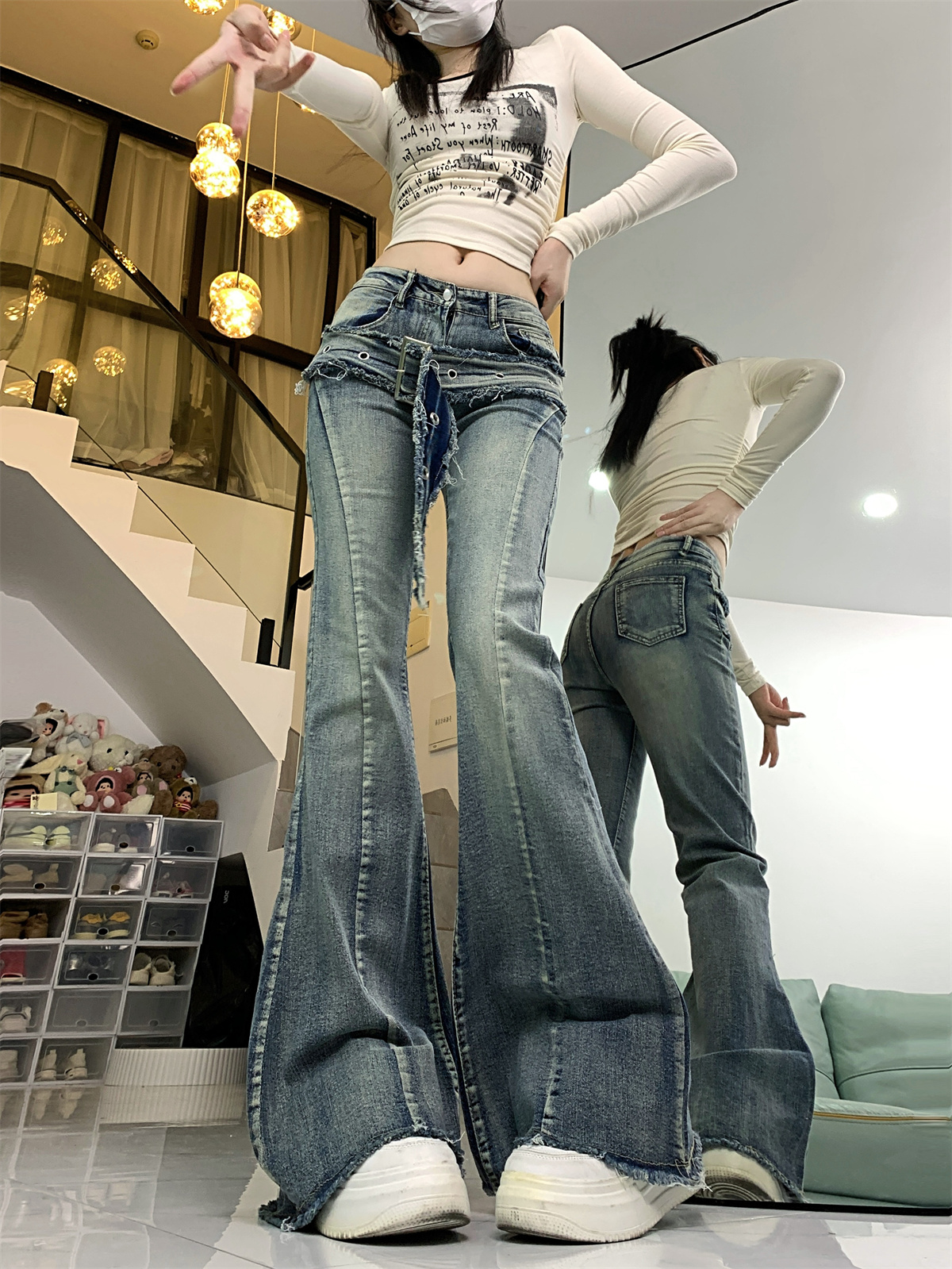 Real shot!  !  !  Retro flared jeans, high waist, slimming, trendy hot girl bootcut trousers