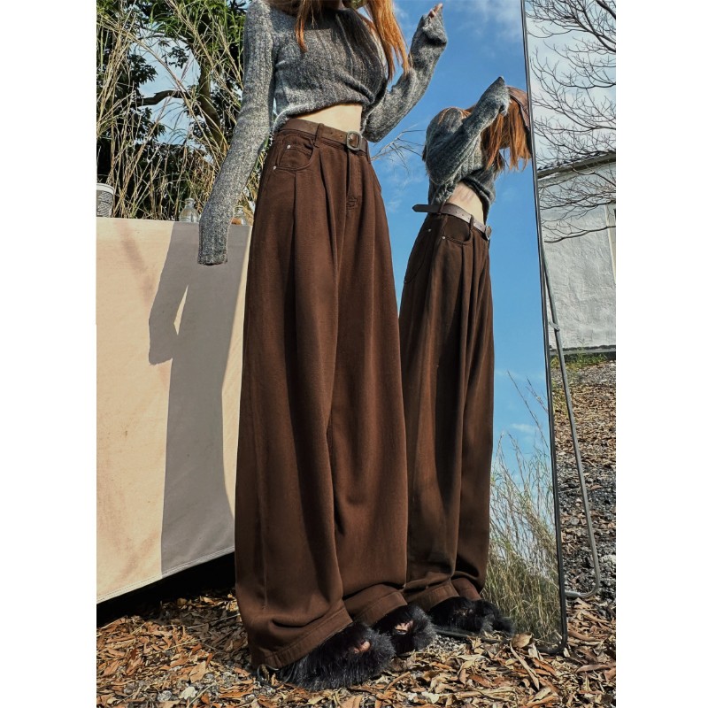New autumn and winter Maillard style wide-leg jeans for women, retro pleated design, loose feeling, straight-leg floor-length trousers, trendy