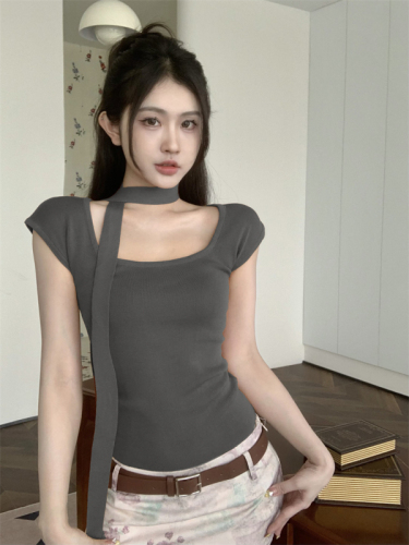 Actual shot square neck halterneck slim fit knitted sweater T-shirt top for women