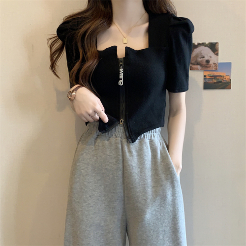 Threaded large size fat MM square collar short-sleeved t-shirt for hot girls short slim design zipper Korean style ins trendy top