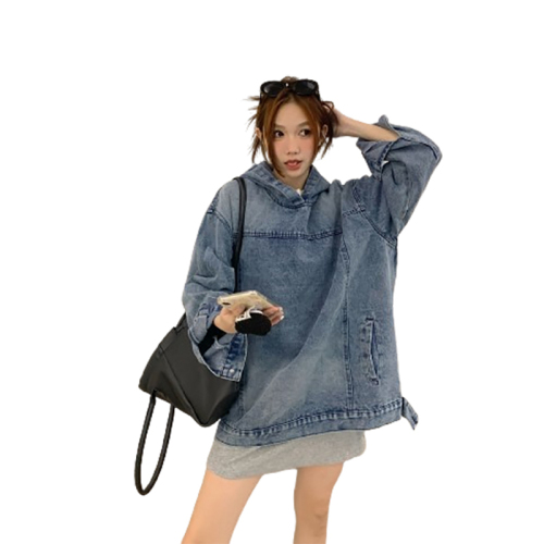 Real shot!  American distressed hooded denim sweatshirt jacket spring design retro loose pullover jacket