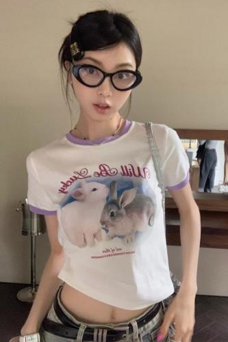 Real shot of sweet and spicy bunny printed letters slim fit short contrasting color design crop top for women summer