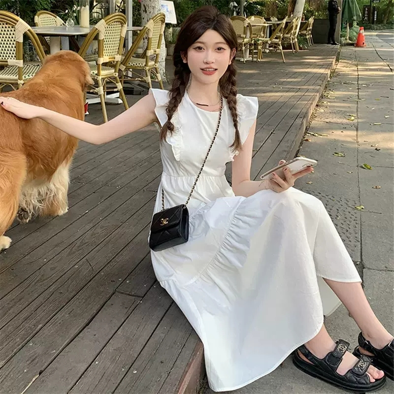 設計感小飛袖連衣裙夏季女別致漂亮海邊度假法式收腰減齡中長裙子