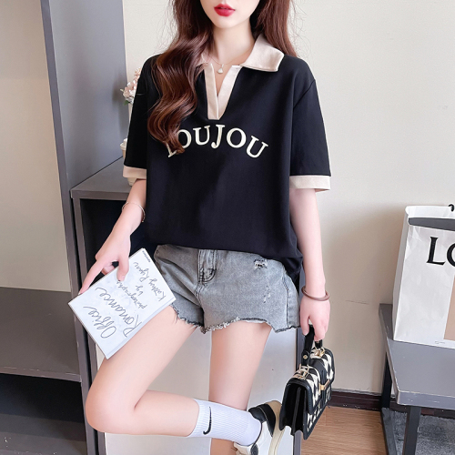 Actual shot of 2024 summer Korean style loose pique polo collar letter printed large size short-sleeved T-shirt for women