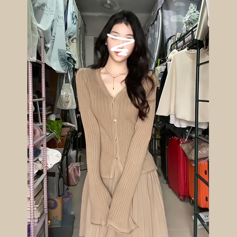 深冬搭配時尚休閒穿搭一整套女裝春冬新款v領針織衫兩件套裝裙子
