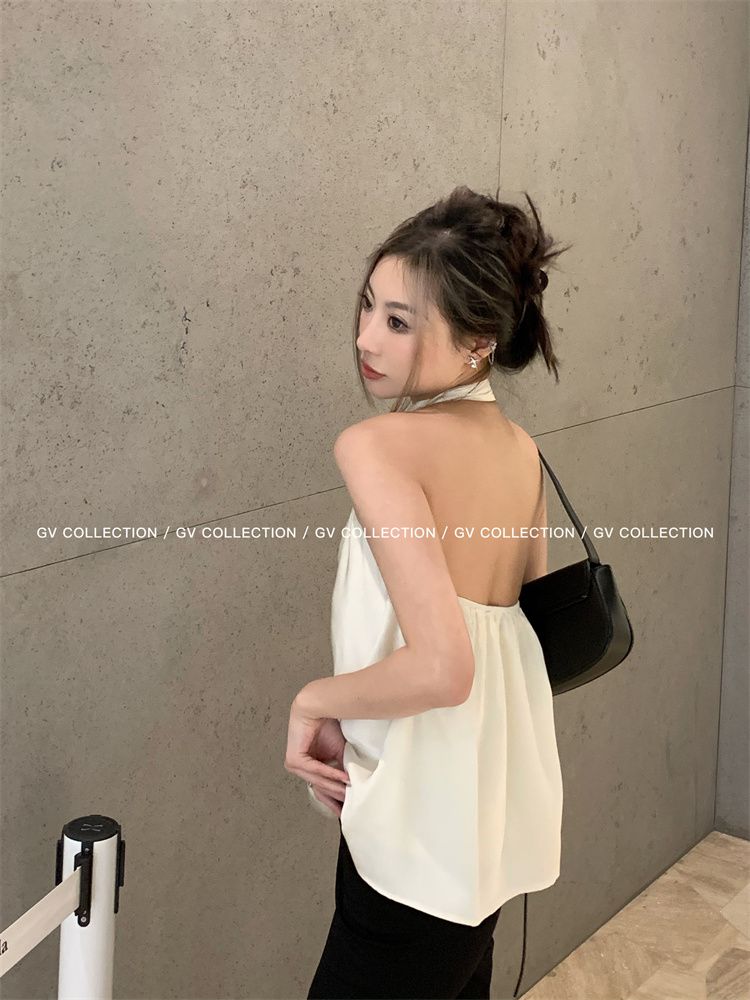 時尚高級感醋酸露背掛脖上衣 簡潔垂墜感性感夏季小吊帶女夏