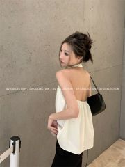 時尚高級感醋酸露背掛脖上衣 簡潔垂墜感性感夏季小吊帶女夏