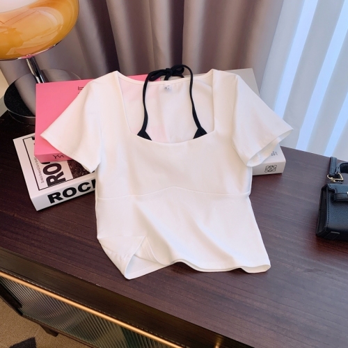 Real shot of pure cotton 2024 summer new style pure cotton right shoulder short sleeve t-shirt for women + suspenders