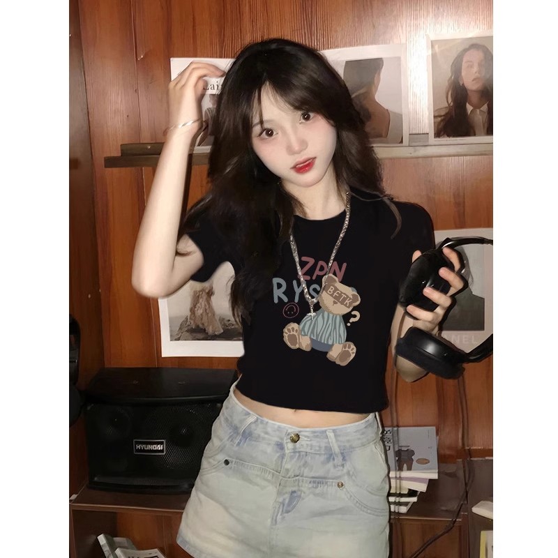 純棉 高彈力夏季修身法式短款洋氣卡腰辣妹新款打底衫上衣
