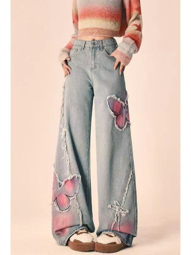 American retro butterfly embroidery design raw edge jeans for women, sweet and cool narrow wide-leg straight pants