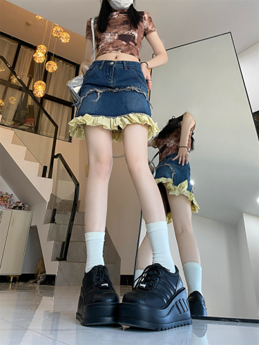 Real shot!  High-waisted denim skirt for women, niche design, irregular lace short skirt, bud skirt