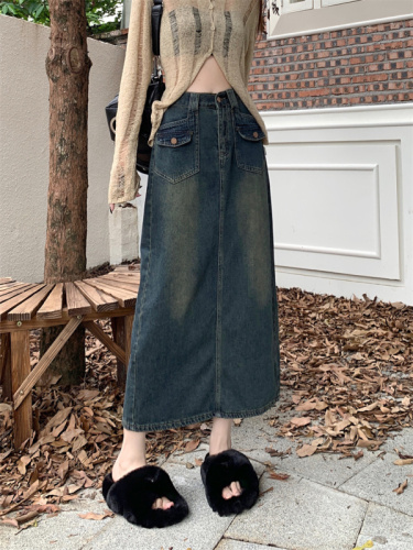 Real shot of denim skirt for women early spring high waist 2024 new retro straight loose a-line mid-length skirt