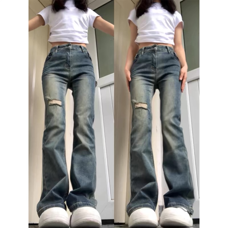 American retro micro-flared ripped jeans for women 2024 spring and summer new hot girl elastic high-waisted slim straight trousers