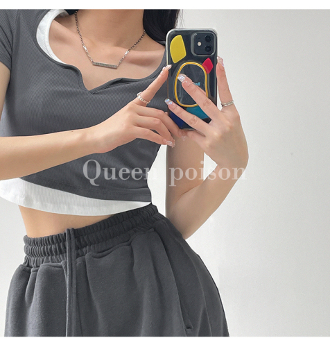 Original design fake two-piece color matching short-sleeved slim T-shirt contrasting color stitching short crop top for women summer