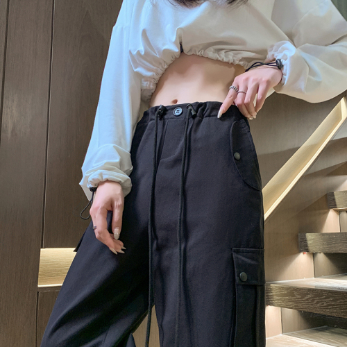Actual shot of spring and autumn Korean style washed cotton loose straight high waist overalls casual sports pants wide leg pants for women