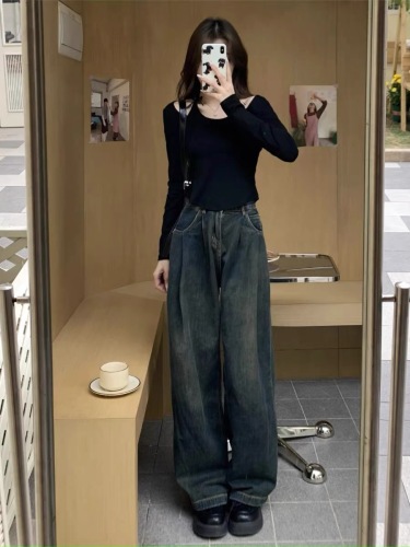 Cement gray wide leg jeans for women early spring 2024 high waist pleated retro straight leg loose drape floor mopping pants