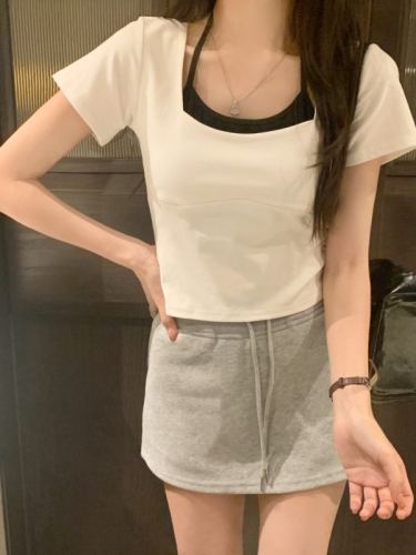 Real shot of pure cotton 2024 summer new style design right shoulder short sleeve t-shirt for women + suspenders