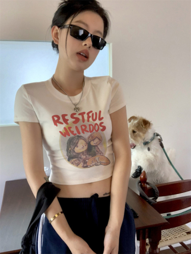 Real shot of pure cotton design niche right shoulder short sleeve T-shirt hot girl short high waist exposed navel slim fit top