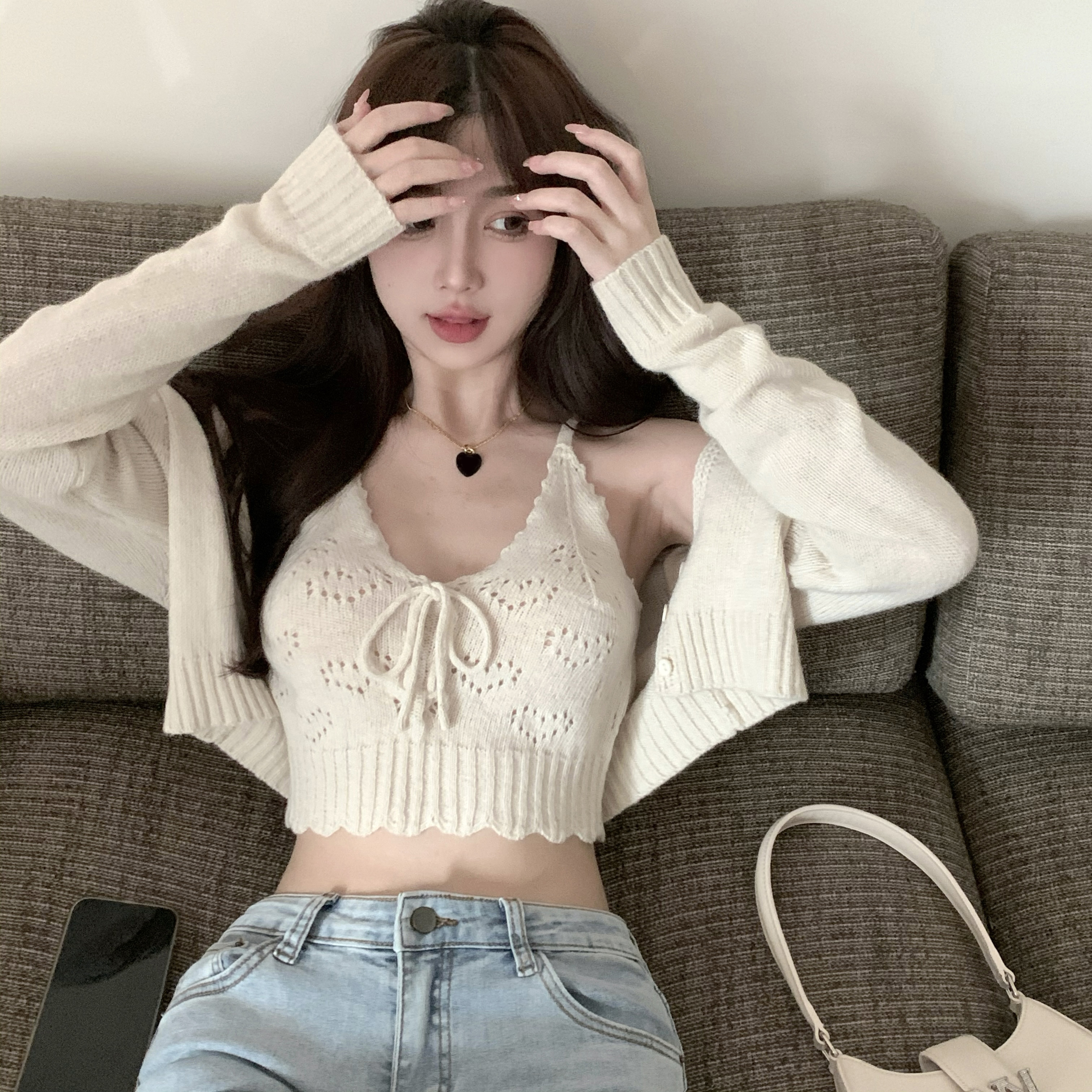 甜辣妹針織吊帶背心女夏季無袖性感短款設計感小眾內搭上衣兩件套