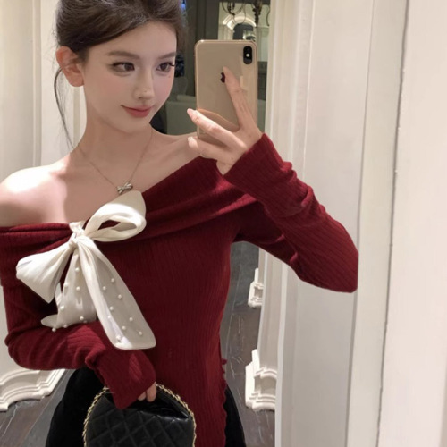 Spring and autumn temperament French off-shoulder top sweater small fragrant style one-shoulder bow sweater women's bottoming shirt