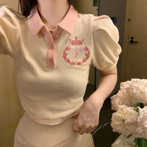 Summer women's puff sleeve embroidered lapel navel-baring short-sleeved T-shirt top design student slim button-down shirt