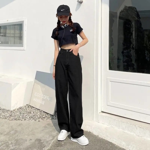 Straight-leg jeans for women 2024 spring and autumn new high-waist slim chic loose off-white floor-length wide-leg long pants
