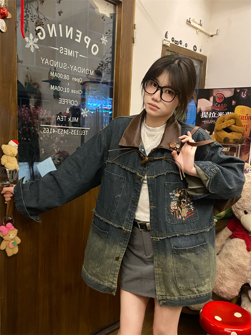 Out on the street vintage "** Childlike embroidered brushed denim jacket spring washed and distressed spring and autumn jacket style