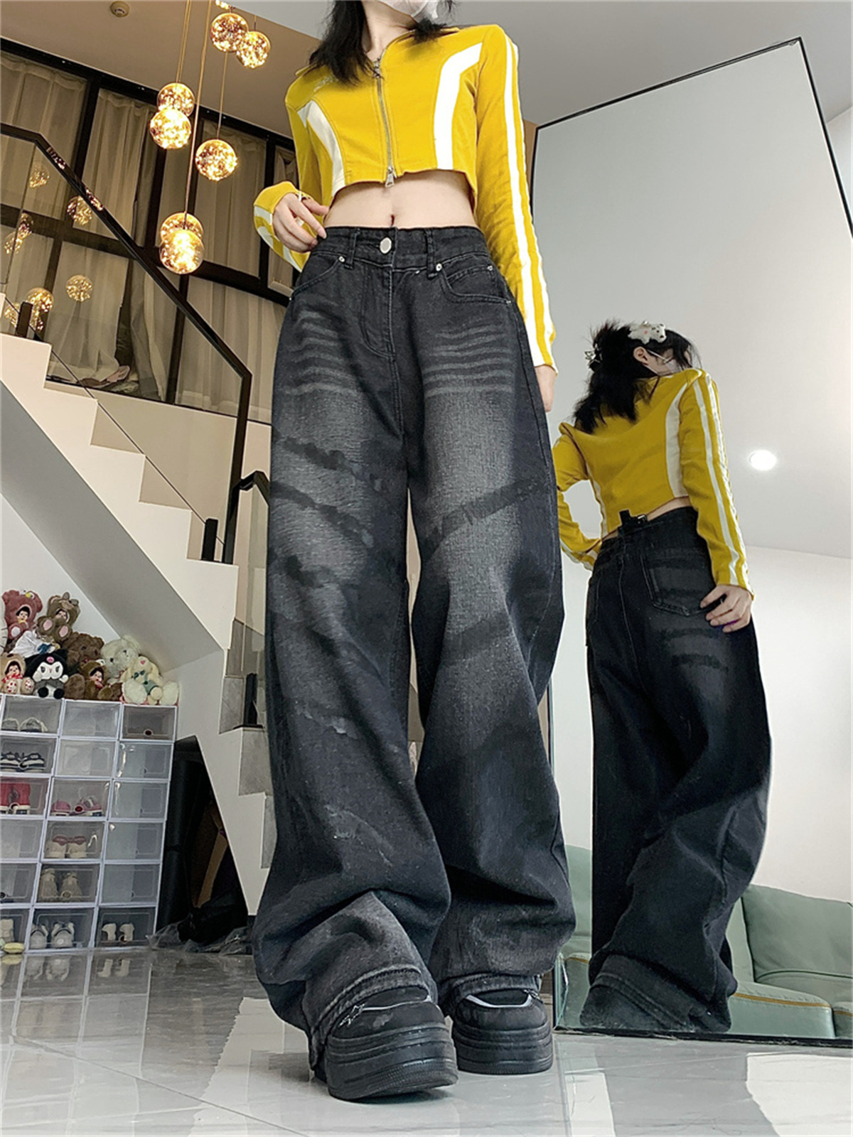 Real shot!  American retro heavy-duty washed distressed faded jeans loose straight wavy wide-leg trousers
