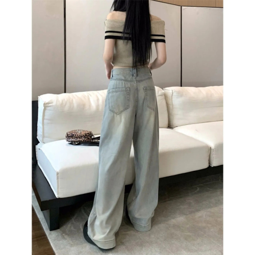 Retro Nostalgic Straight Jeans Women's Summer 2024 New Light Color Casual Versatile Wide Leg Floor-Mopping High Waist Pants