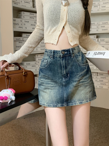Real shot ~ American hot girl retro washed denim skirt with niche design and leg-lengthening A-line skirt