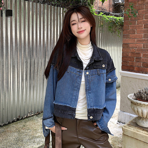 Real shot!  Retro Hong Kong style short spliced ​​denim jacket new style women's spring and autumn Korean style versatile jacket top