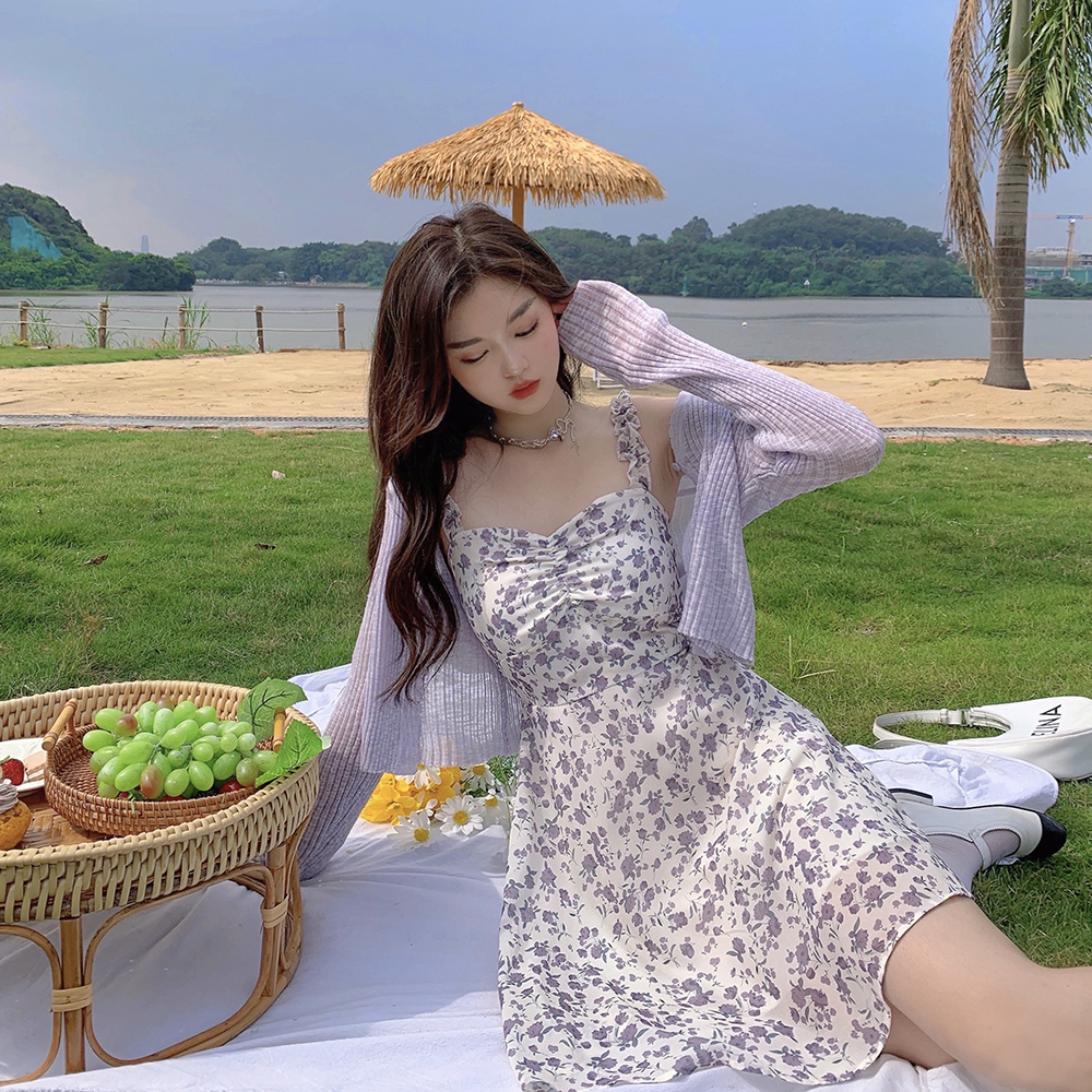 2024新款紫色吊帶裙茶歇法式炸街連衣裙夏季碎花初戀裙子女
