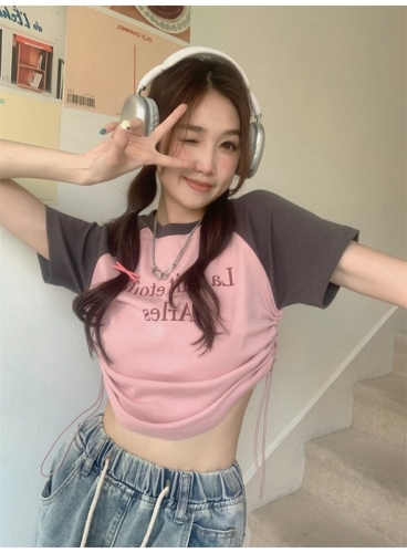 Summer new American retro contrasting color slim-fit bottoming short-sleeved T-shirt female hot girl short top