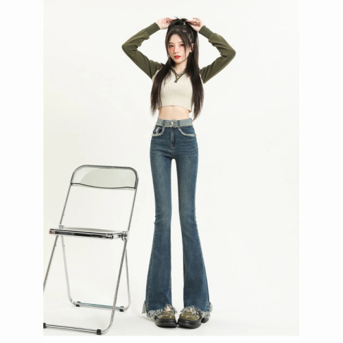 Small bootcut jeans for women spring and summer new style high-waist slim stretch tassel raw edge flared long trousers