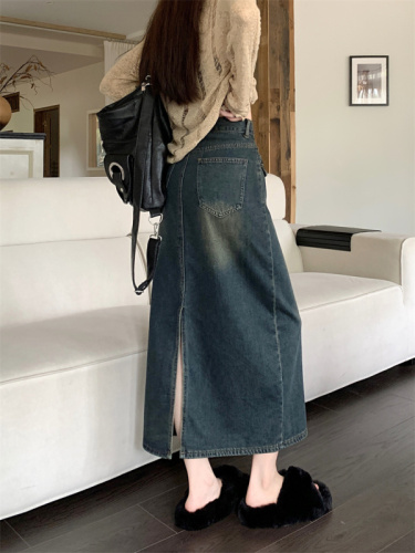 Real shot of denim skirt for women early spring high waist 2024 new retro straight loose a-line mid-length skirt