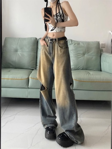 American retro gradient ripped jeans for women spring and autumn new design washed high waist wide leg floor mopping pants