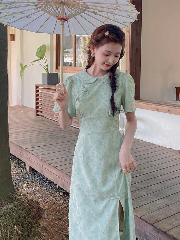 2024夏季新款設計感中式改良復古連衣裙女開叉娃娃領減齡旗袍裙女
