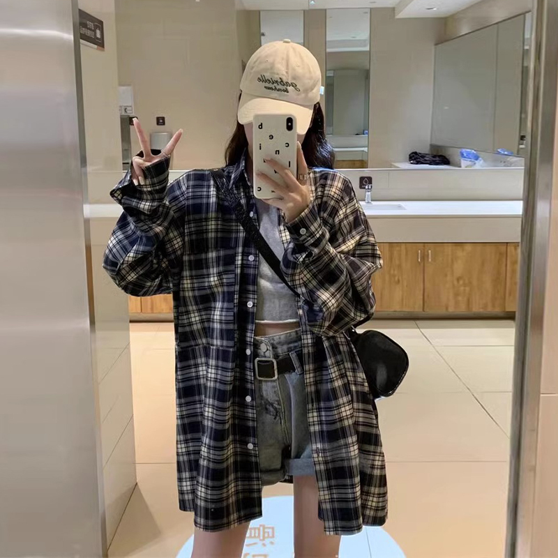 vintage美式復古藍色格子襯衫女春設計感小眾小個子oversize外套