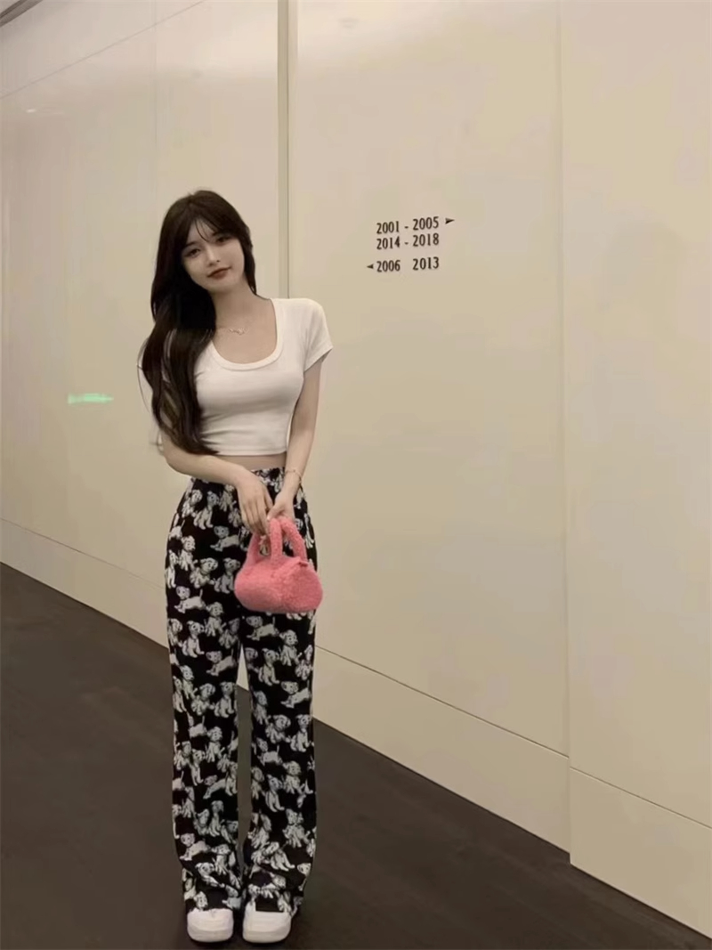 有口袋 狗狗印花高腰垂感闊腿褲女夏季寬鬆顯瘦休閒直筒褲子