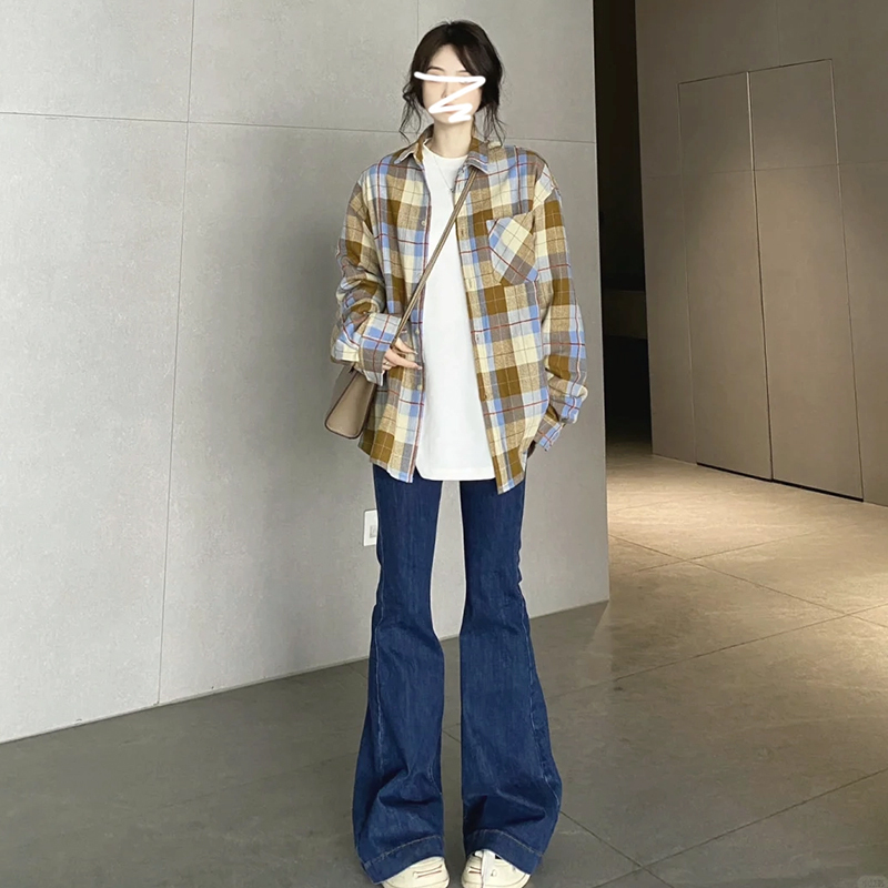 格子襯衫女春秋季2024新款薄外套長袖日系復古襯衣寬鬆設計感上衣