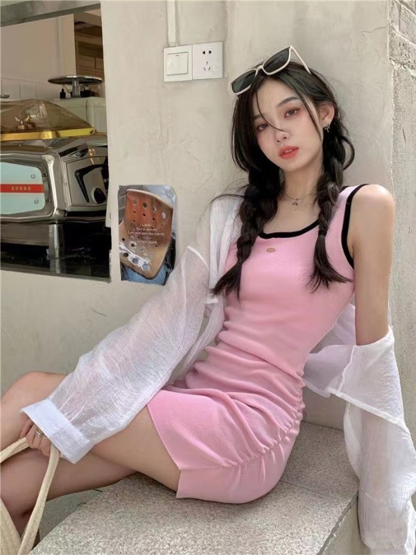 粉色辣妹針織背心連衣裙女裝夏季新款美式甜辣修身包臀裙短裙裙子