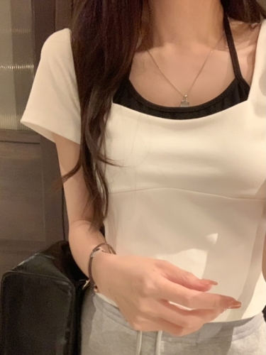 Real shot of pure cotton 2024 summer new style design right shoulder short sleeve t-shirt for women + suspenders