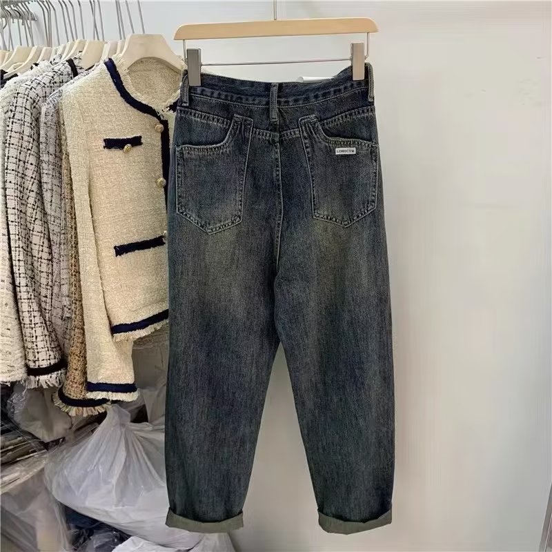 梨型身材大碼復古高腰哈倫牛仔褲女秋季胖妹妹顯瘦寬鬆遮肉老爹褲