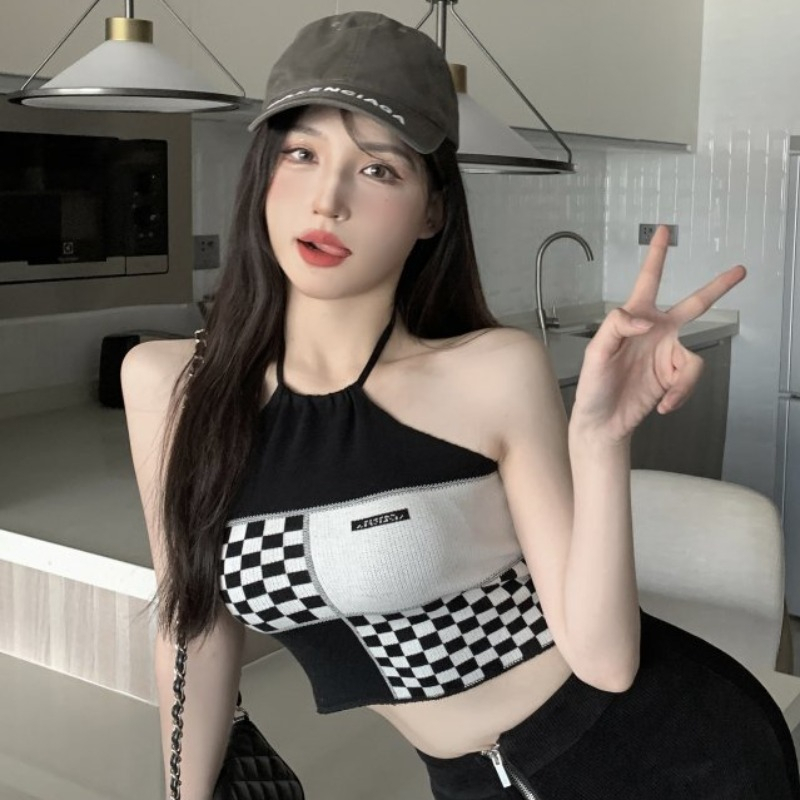 掛脖式棋盤格子針織打底吊帶背心短款露臍辣妹純欲風內搭上衣女潮