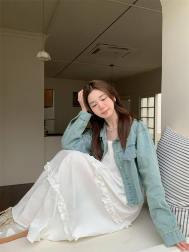 Actual shot of Korean style literary pastoral style square collar vest, ear-trimmed dress, versatile loose denim shirt suit