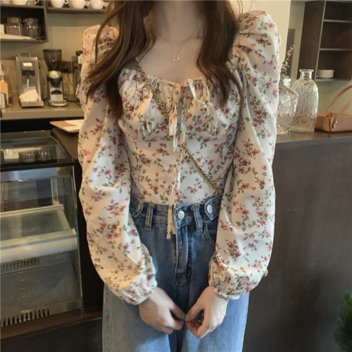 Real shot!  Retro design short chic top for women French floral square collar puff long sleeve shirt