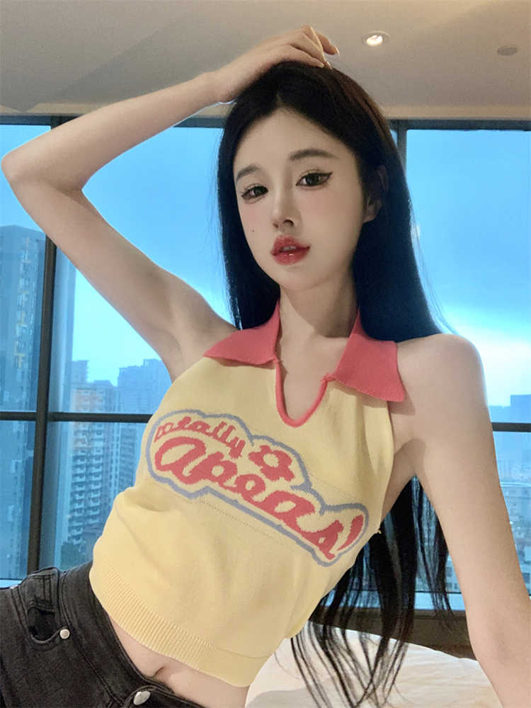 春季甜辣妹美式無袖吊帶小背心女外穿掛脖短款露背設計感內搭上衣