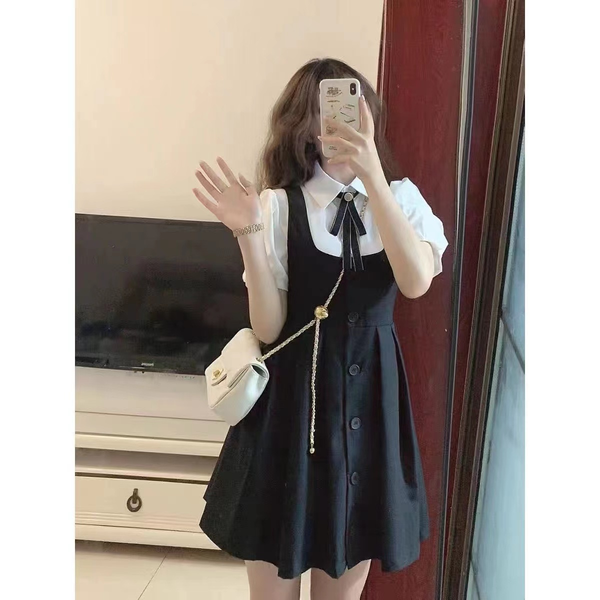 甜美學院風襯衫背帶裙兩件套2024年夏季新款韓系俏皮穿搭連衣裙女