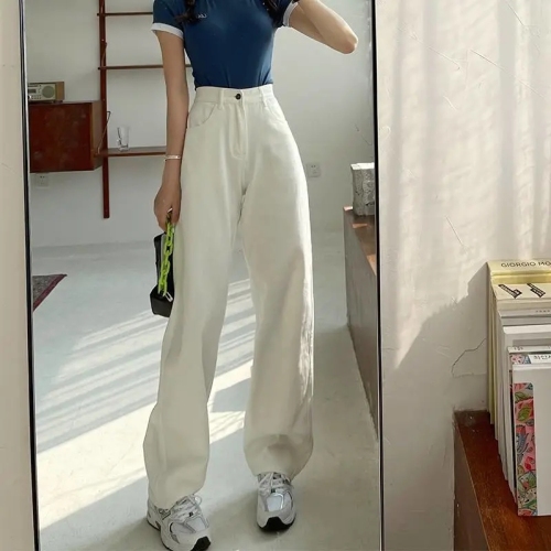 Straight-leg jeans for women 2024 spring and autumn new high-waist slim chic loose off-white floor-length wide-leg long pants